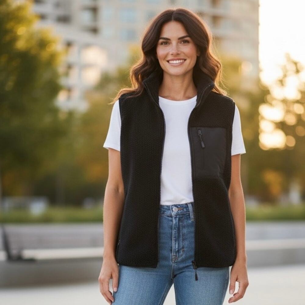 Dakini Black Fleece Zip Vest Women’s L High Neck Pocket Gorpcore Outdoor Hiking